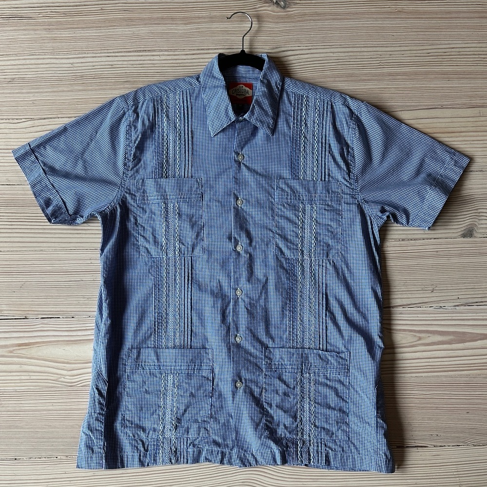 San Cristobal Guayabera (Men’s Medium): Blue Hatch Pattern
